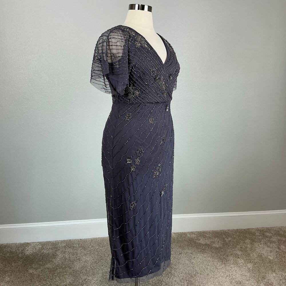 Adrianna Papell Beaded Short Flutter Sleeve Midi Sheath Gown Gray Size 14 Dress - Picture 3 of 13